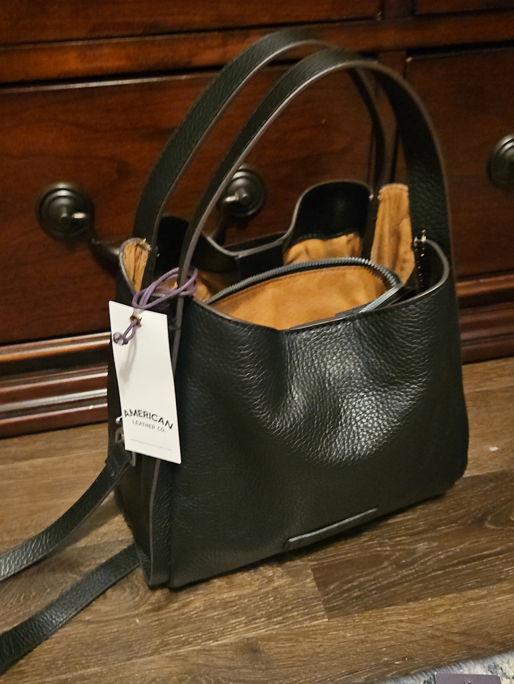Black Leather Shoulder Bag with Tan Suede Interior